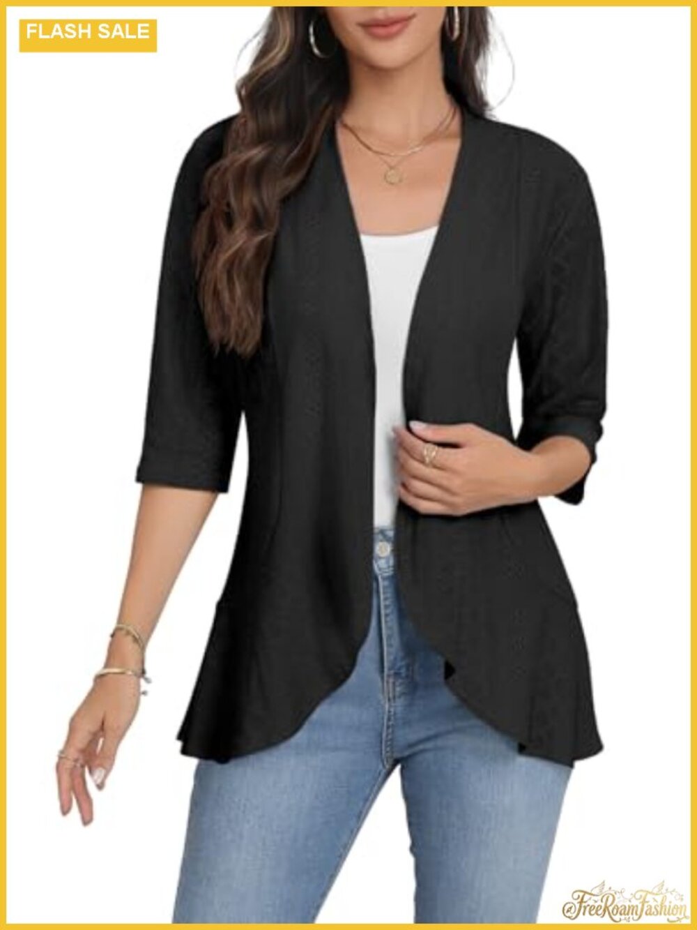 Women Cardigan 3/4 Sleeve Open Front Lightweight Netted Knit Ruffle Kimono